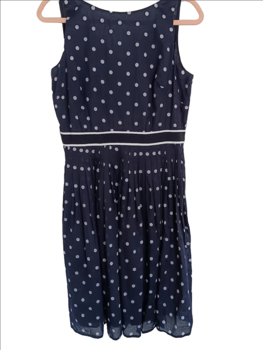 Sleeveless Navy & Gray Polka Dot Fit-and-Flare Dress Soft Pleated Skirt V-back - Picture 2 of 8